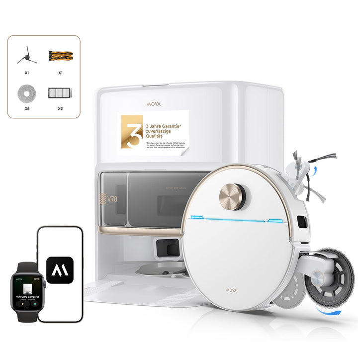 Mova V70 Ultra Complete X Saugroboter, MaxiReachX-Doppelverlängerung Seitenbürste & Mopp, 40.000 Pa