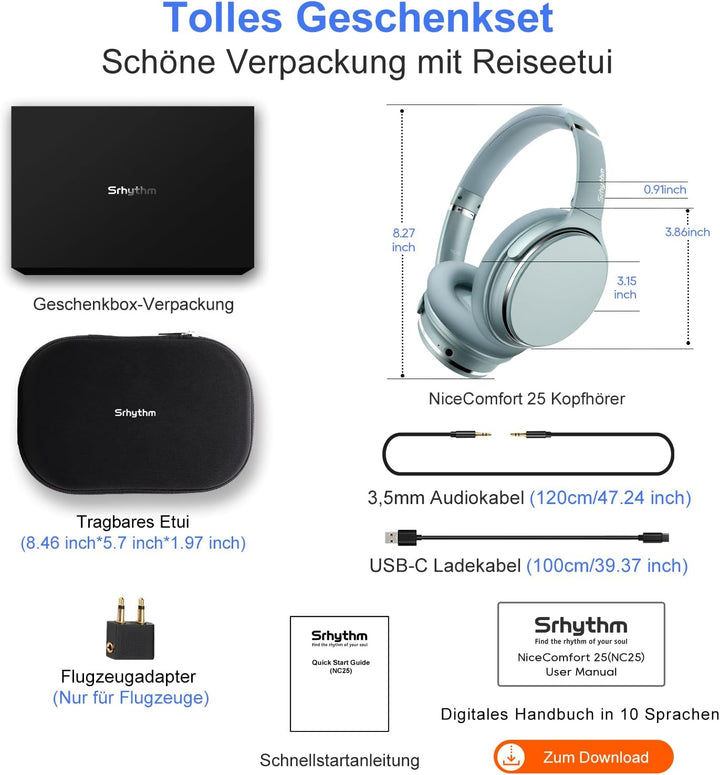 Srhythm NC25 Noise Cancelling Kopfhörer Bluetooth 5.3 Kabellos, 50H Wiedergabe Schnellladung, Verbin