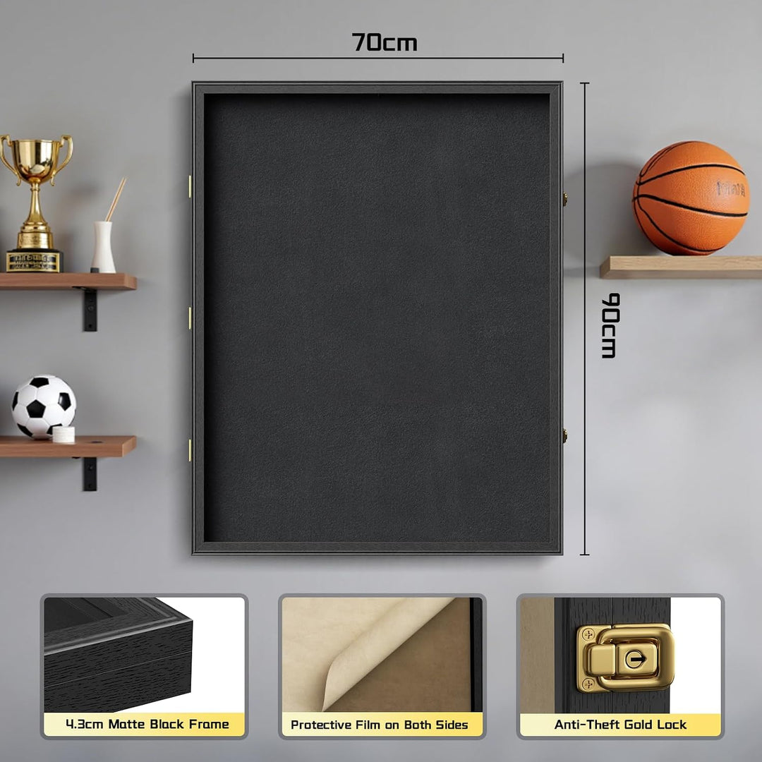 Trikotrahmen Fussball 70x90cm, Trikot Bilderrahmen mit Acrylplatte &amp; Sicherheitsschloss, Schwarzer B