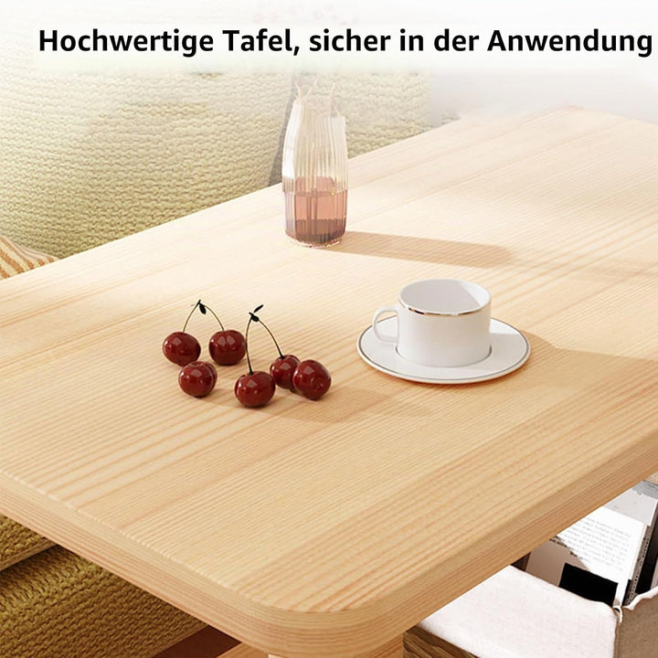 Beistelltisch, 2-Ebenen-Holz-Beistelltisch, 360°-drehbar auf Rollen, einfache Montage, Massivholz-So