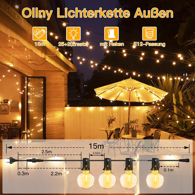 Ollny Lichterkette Aussen 15M, Lichterkette Outdoor mit 25+2 G40 Glühbirnen Lichterkette, Wasserdich