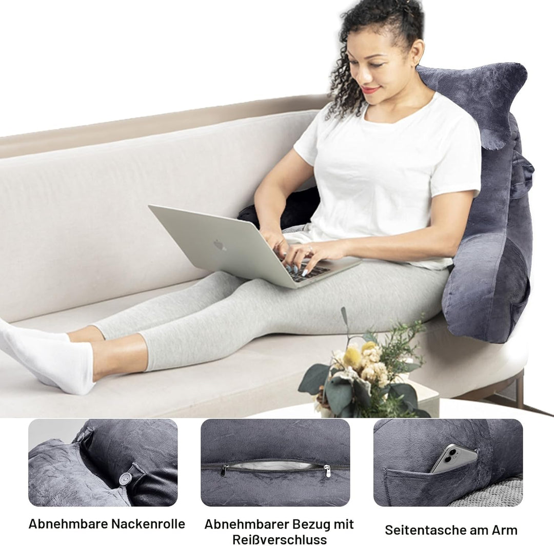 Lesekissen zum Sitzen im Bett Couch Erwachsene, Rückenkissen mit Taschen, Rückenkissen für Erwachsen