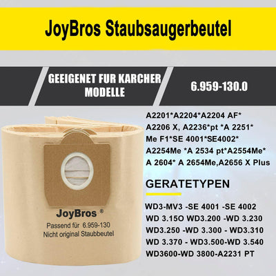 JoyBros 15-Stück Staubbeutel für Kärcher wd3 wd 3 wd3P wd3.200 Premium 6.959-130.0 6.904-051.0 MV3 A