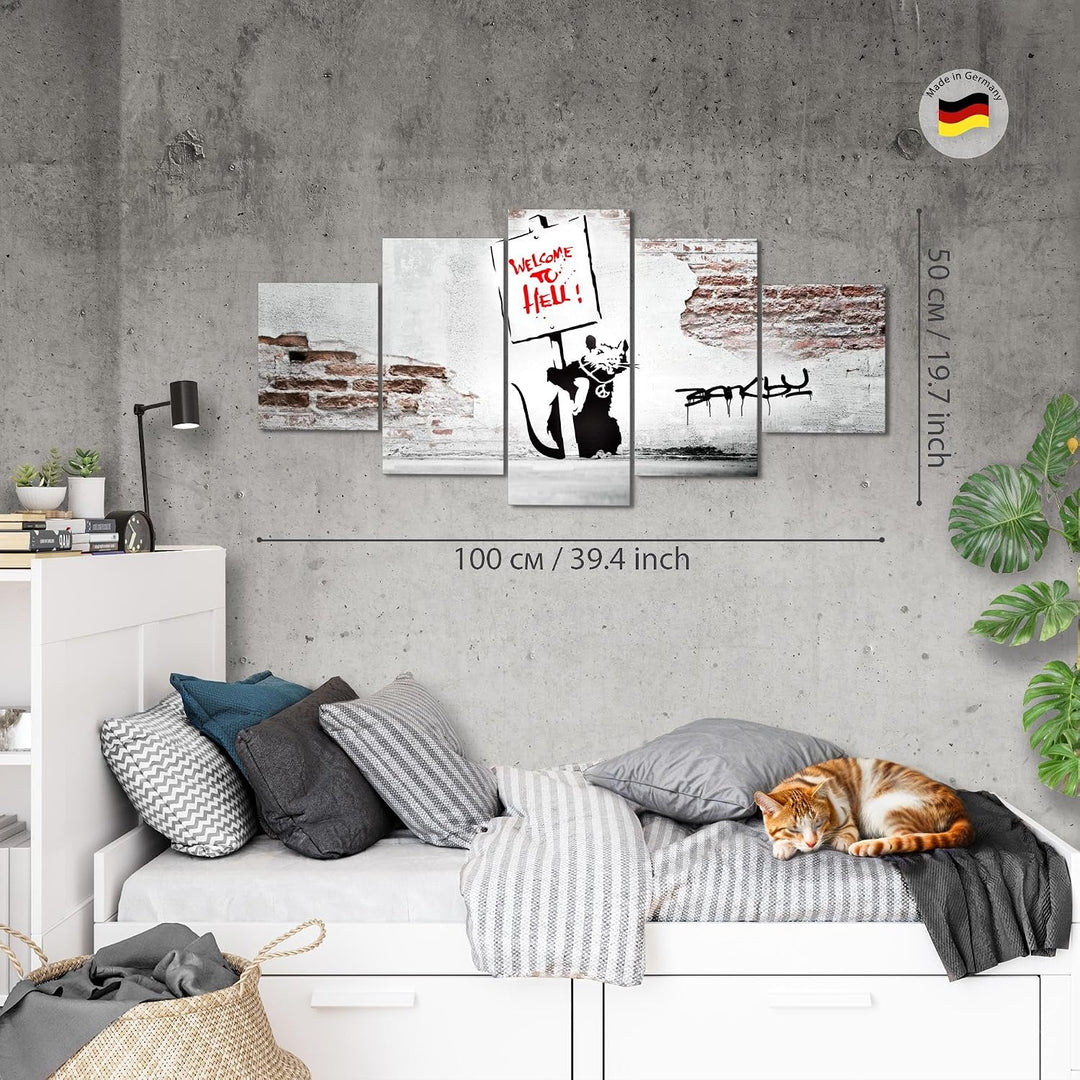 Runa Art Wandbilder Banksy Graffiti Zitat Ratte mit Shild 5 Teilig Bild auf Vlies Leinwand Deko Loft