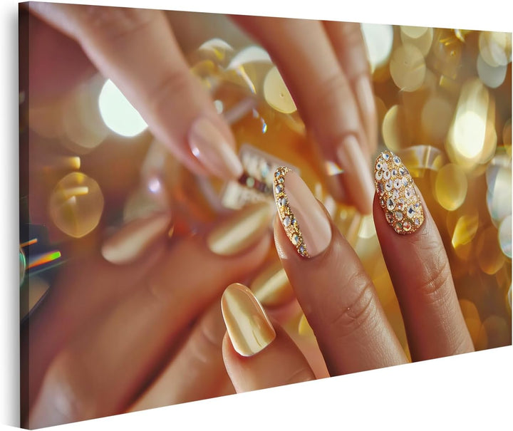 islandburner Prime Bild auf Leinwand Goldene Nagelkunst im Urlaubsstil mit Heller Maniküre, funkelnd