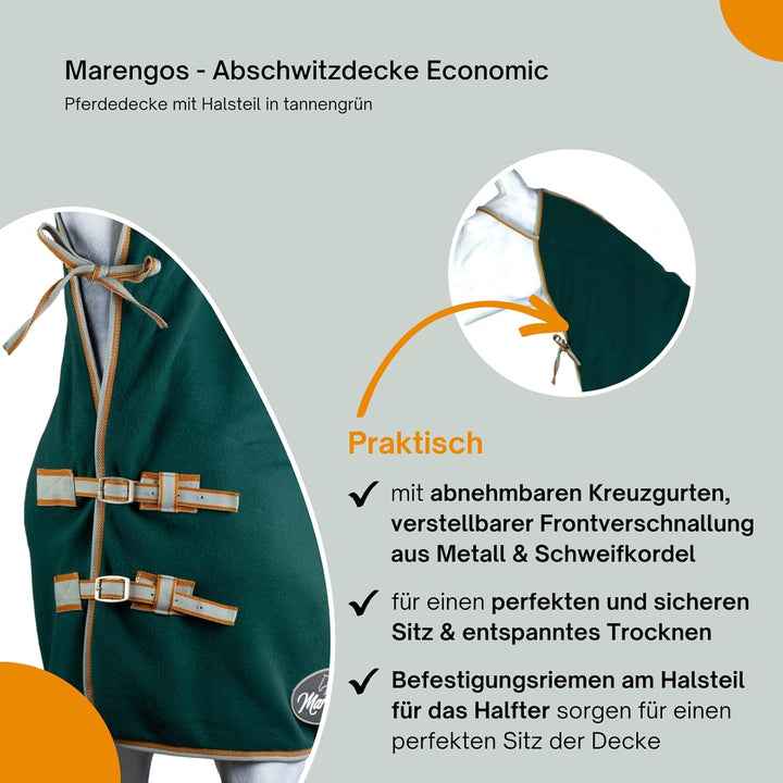 Marengos - Abschwitzdecke Economic mit Halsteil | Pferdedecke m. Kreuzgurt, Metallverschluss, Schwei