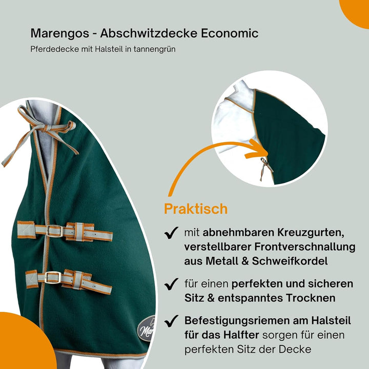Marengos - Abschwitzdecke Economic mit Halsteil | Pferdedecke m. Kreuzgurt, Metallverschluss, Schwei