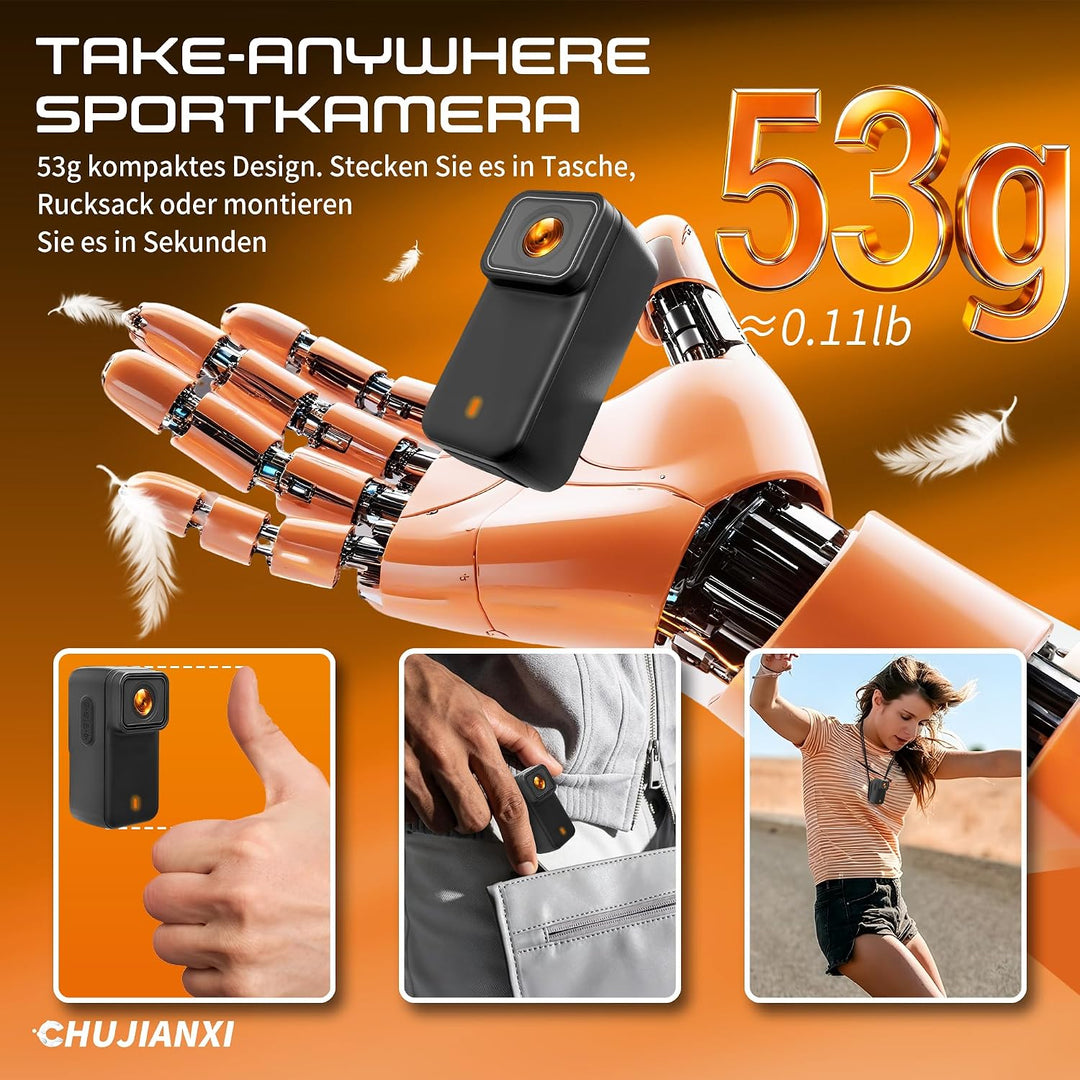 Bodycam 4K, Mini Actioncam WiFi, Wasserdicht Helm Kamera, Tragbar & Magnetisch Körperkamera, Freihän