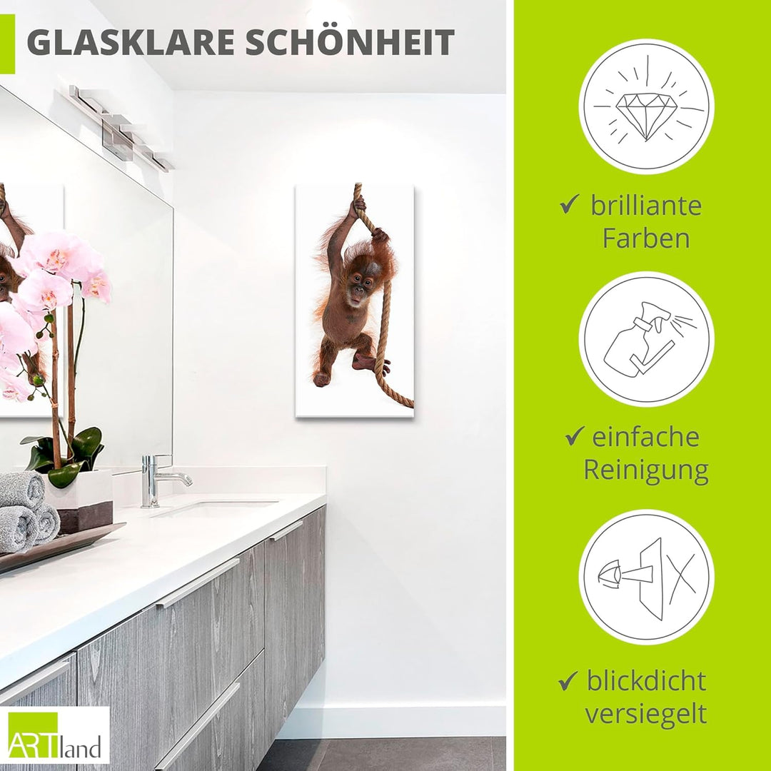 ARTland Glasbilder Wandbild Glas Bild einteilig 30x60 cm Hochformat Asien Tiere AFFE Baby Orang Utan