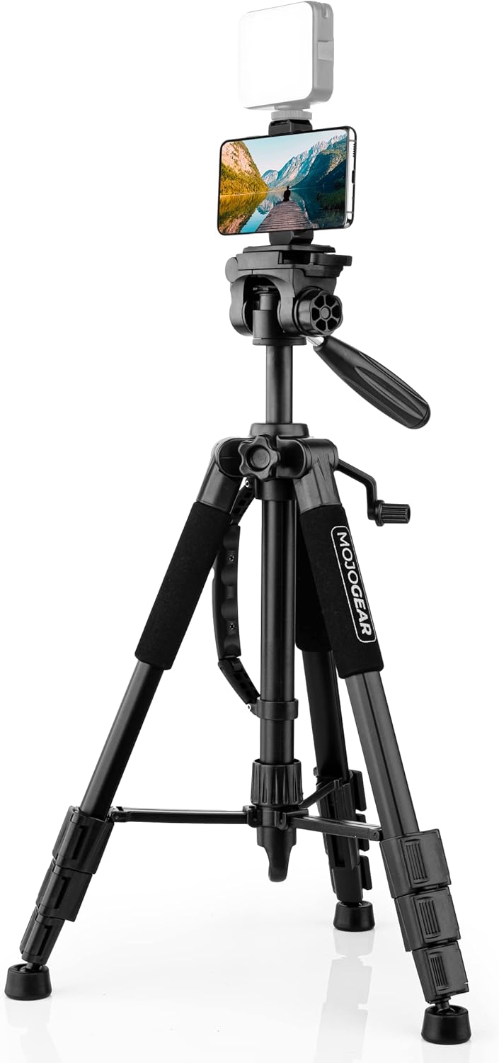 MOJOGEAR 140cm Video Stativ met Premium Smartphone-Halterung - Aluminium Camera DSLR Handy Travel Dr