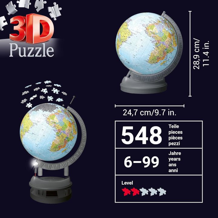 Ravensburger 3D Puzzle 11549 - Globus mit Licht - 540 Teile - Beleuchteter Globus für Erwachsene und