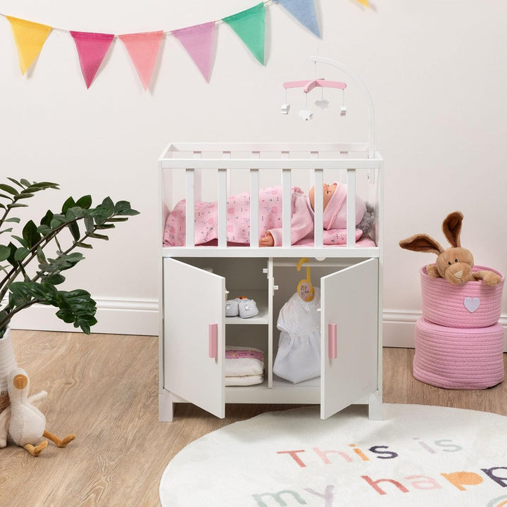 Puppenbett Cozy mit Schrank und Mobile aus Holz (Weiss-Rosa)