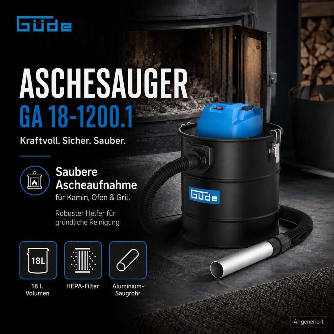 Güde 17010 GA 18-1200.1 Aschesauger, 18 Liter Behältervolumen, schwarz