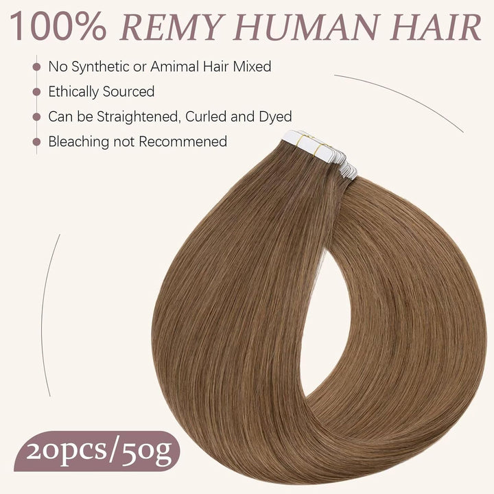TESS Tape Extensions Echthaar #6 Mittelbraun 50 cm Echthaar Haarverlängerung 20 Stücke Glatt Remy Ta