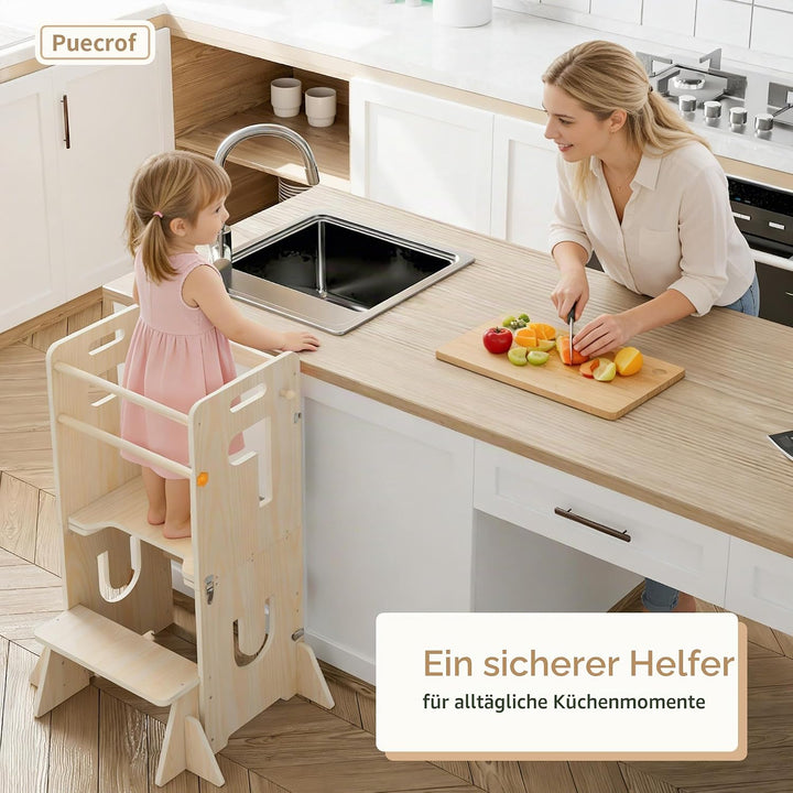 Lernturm für Kinder, klappbarer 3-in-1 Küchenhelfer Tritthocker aus Holz mit Kreidetafel, mit Sicher