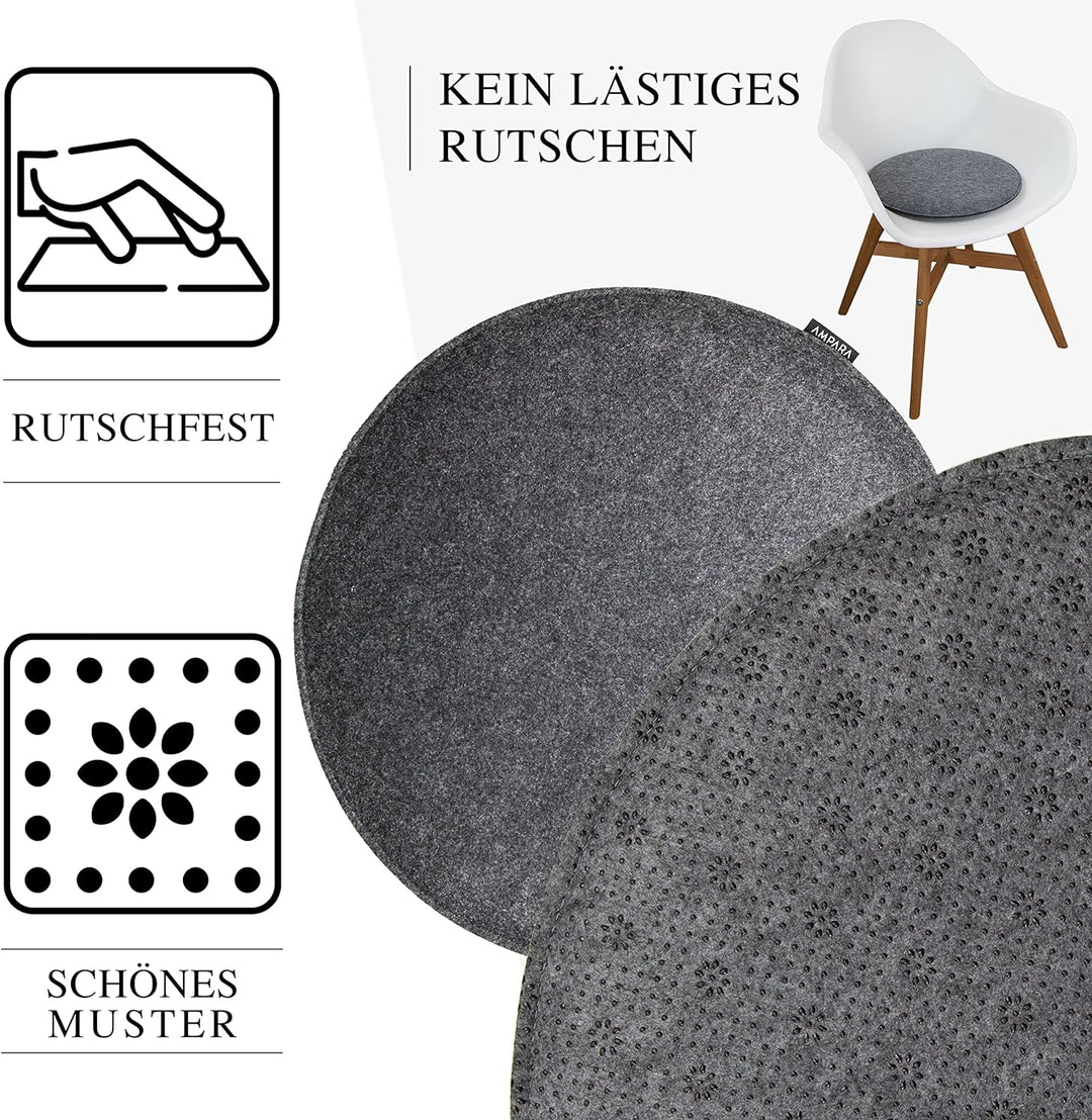 Ampara - 4er Set - Edle Stuhlkissen rund 40cm - rutschfest & gemütlich, Sitzkissen rund aus Filz, gr