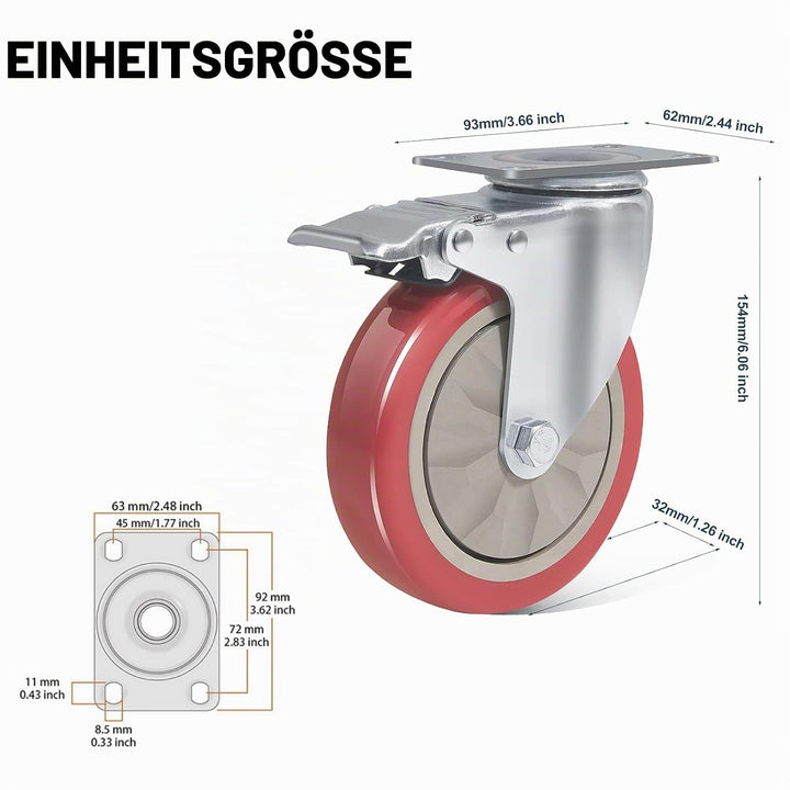 BAOLIHUI 4er Set Lenkrollen für Möbel 125MM Möbelrollen mit Bremse Schwerlastrollen 800kg Rot Rollen