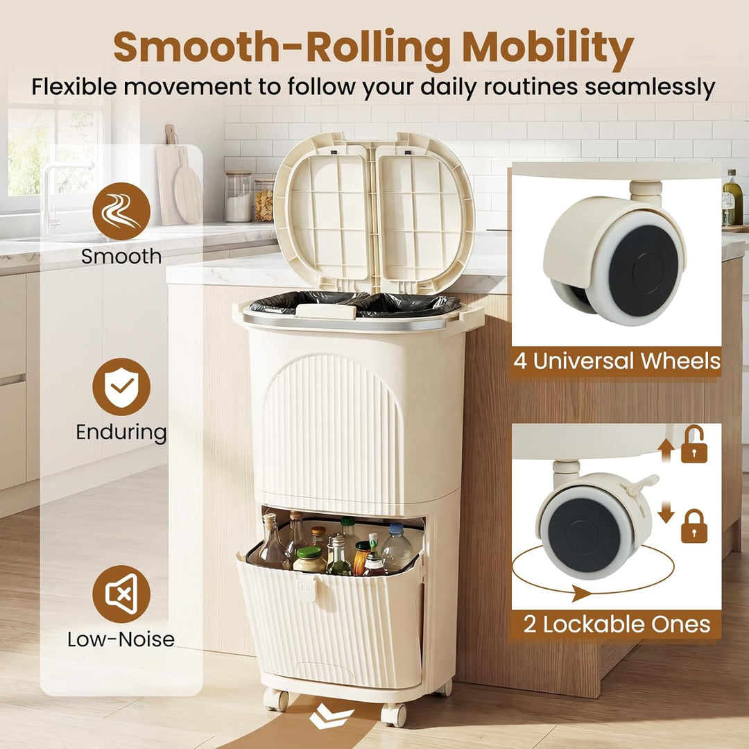 GIANTEX Mülleimer Küche 3 Fächer, Mülltrennsystem mit 2 x 12L Inneneimer & 14L Treteimer, Abfalleime