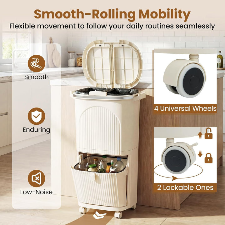 GIANTEX Mülleimer Küche 3 Fächer, Mülltrennsystem mit 2 x 12L Inneneimer & 14L Treteimer, Abfalleime