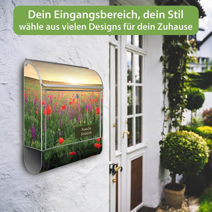 banjado Design Briefkasten personalisiert 38,5x46,5x13cm &amp; 2 Schlüssel - Briefkasten Stahl Silber Ze