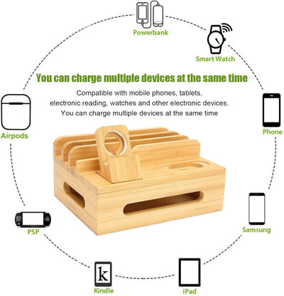 Cuifati Bambus-Ladestation-Organizer, Multi-Geräte-Ladestation, Ladestation, Ständer, Gestell mit 5
