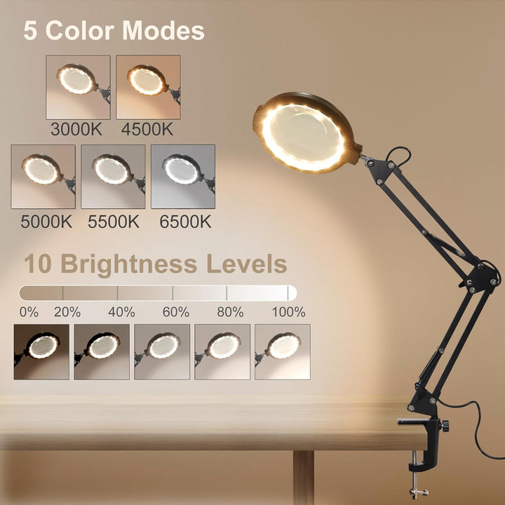 12 Fach Lupe mit Licht und Ständer, 5.2" Lupe mit 5 Farbmodi 10 dimmbare Helligkeit, 2-in-1-Schreibt