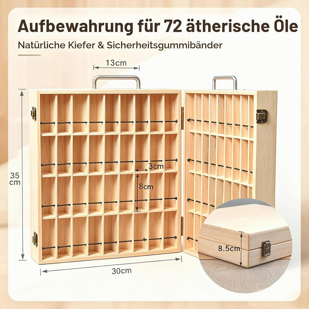 2-Schichtig Ätherisches Öl Organizer aus Massivholz mit 72 Fächern &amp; Gurtband - Aufbewahrungsbox mit