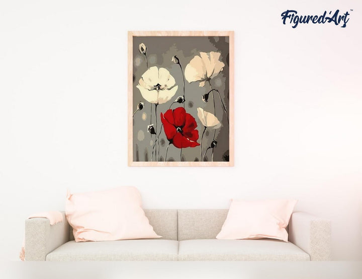 Figured'Art Malen Nach Zahlen Erwachsene Mit Rahmen Rote und weisse Blumen - Paint by Numbers Bastel