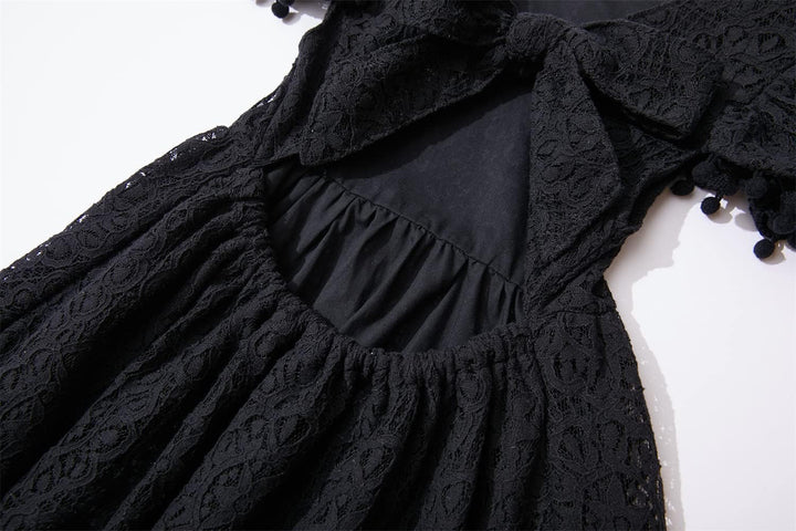 Mädchen Elegante Prinzessin Spitzenkleid Kleinkind Vintage Pom Pom Flatterärmel Party Kleider, Flieg