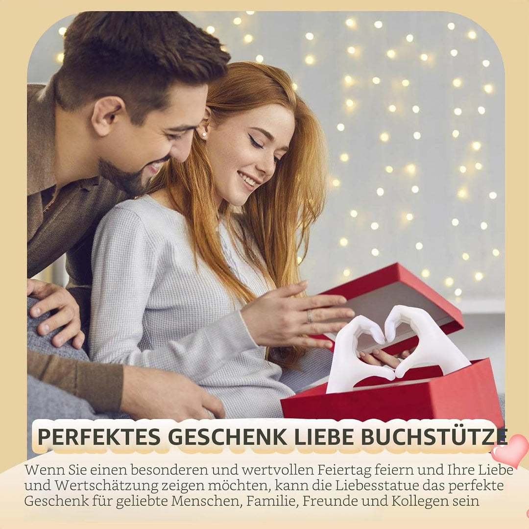 Weisse Buchstützen Set aus Resin - Herz & Hände Skulptur als Buchstütze, dekorative Bookends für Büc
