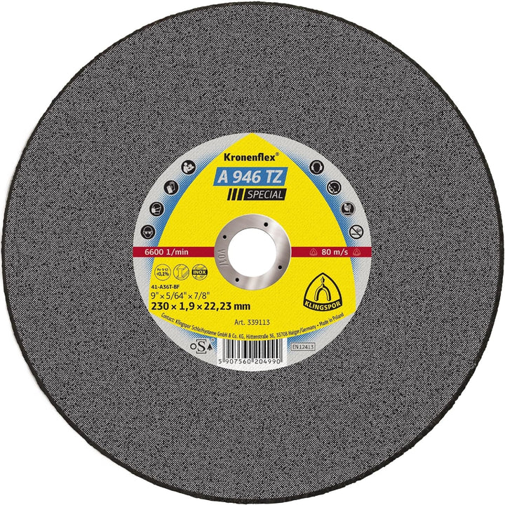 Klingspor 339113 A 946 TZ SPECIAL, Trennscheibe, Spezial, Verpackungseinheit 25, 230X1,9X22,23, G, 2