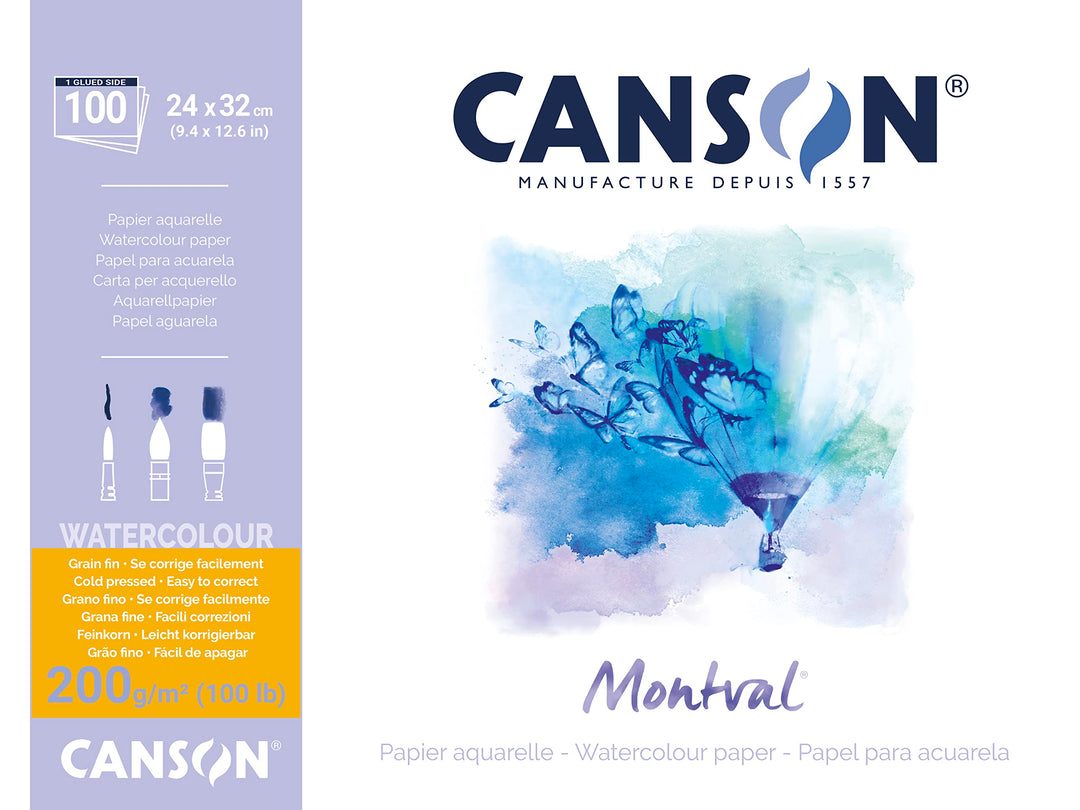Canson 200807353 AQ Montval fein Aquarelle, 200 g/qm, 100 Blatt pro Block "an der langen Seite gelei