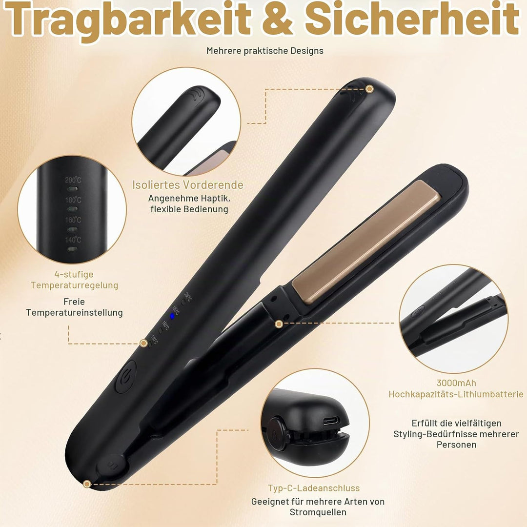 Mini Glätteisen Kabellos, 2 in 1 Haarglätter Glätteisen, Kabelloses glätteisen mit 4 Temperaturen, g