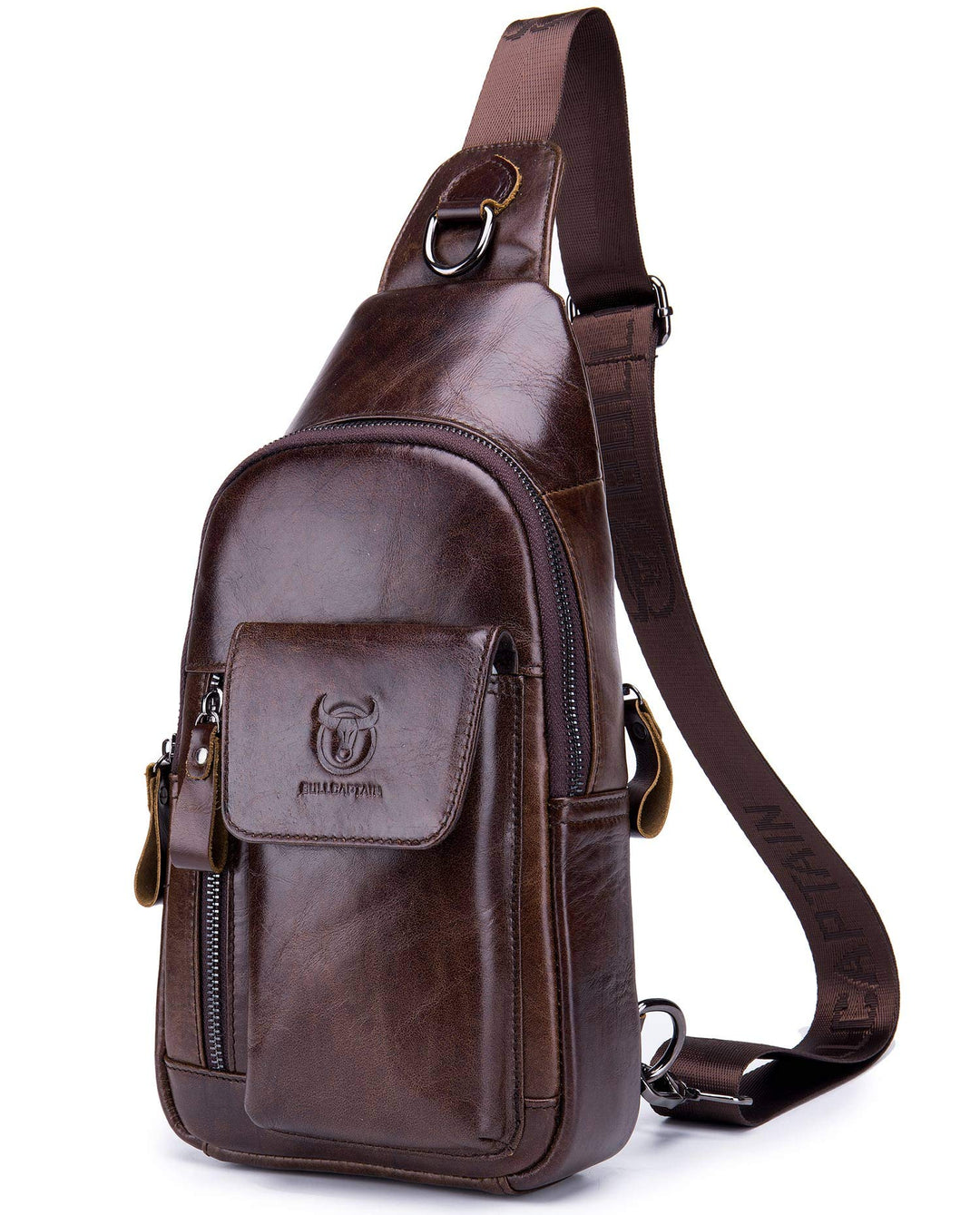 BULLCAPTAIN Herren-Umhängetasche, Leder, Schultertasche, lässiger Tagesrucksack, Brusttaschen für Re