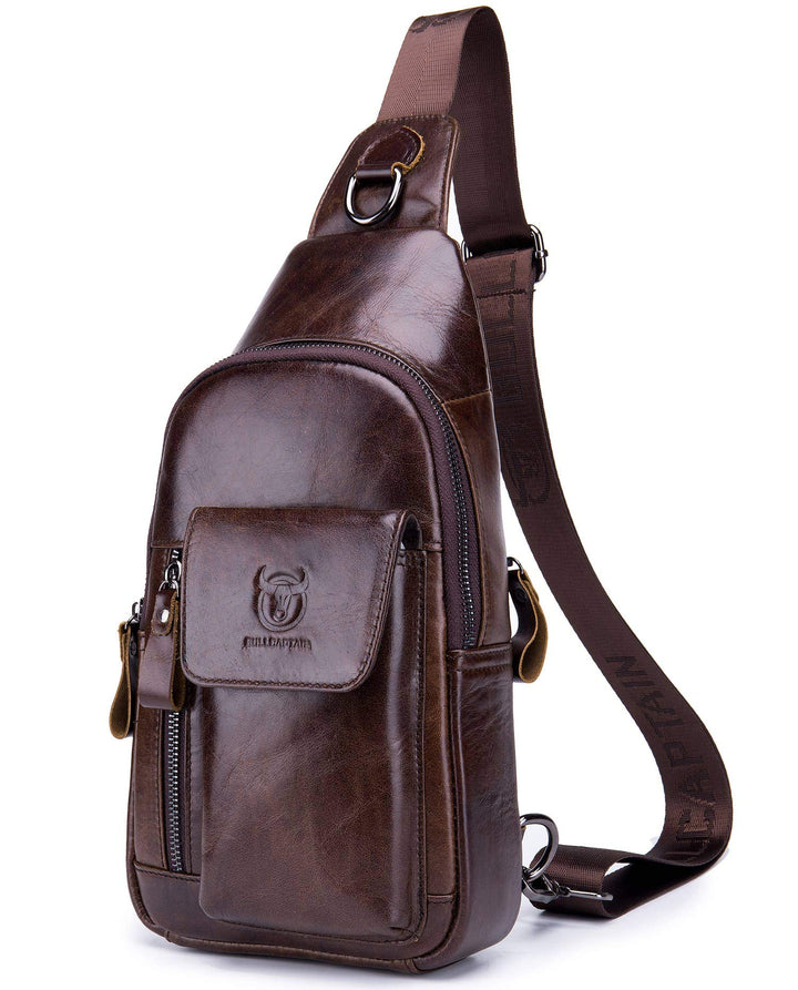 BULLCAPTAIN Herren-Umhängetasche, Leder, Schultertasche, lässiger Tagesrucksack, Brusttaschen für Re