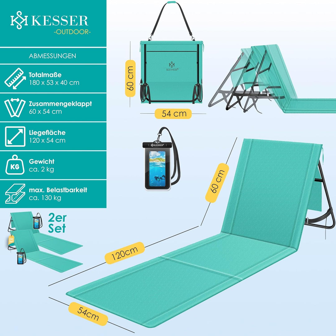KESSER® 2er Set Strandmatte klappbar mit Verstellbarer Rückenlehne, Tragegurt, wasserdichter Tasche