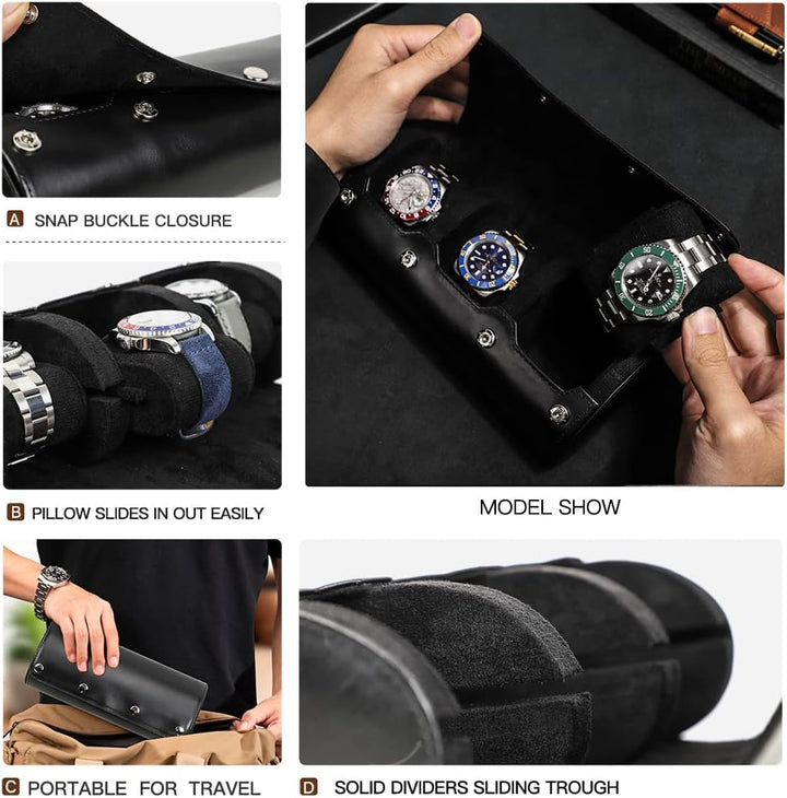 Hiram Uhren-Reiseetui für Herren, 3 Uhren, handgefertigt, echtes Leder, Aufbewahrungsbox, flexibles