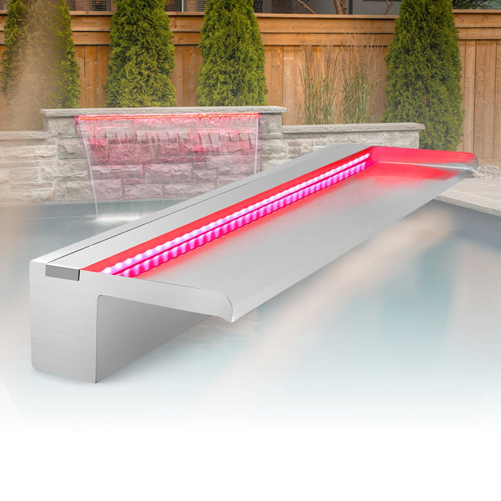 LONGRUN Edelstahl Wasserfall Überlauf, APP Kontrolle Multi-Farben LED-Licht Draussen Pool Brunnen, K