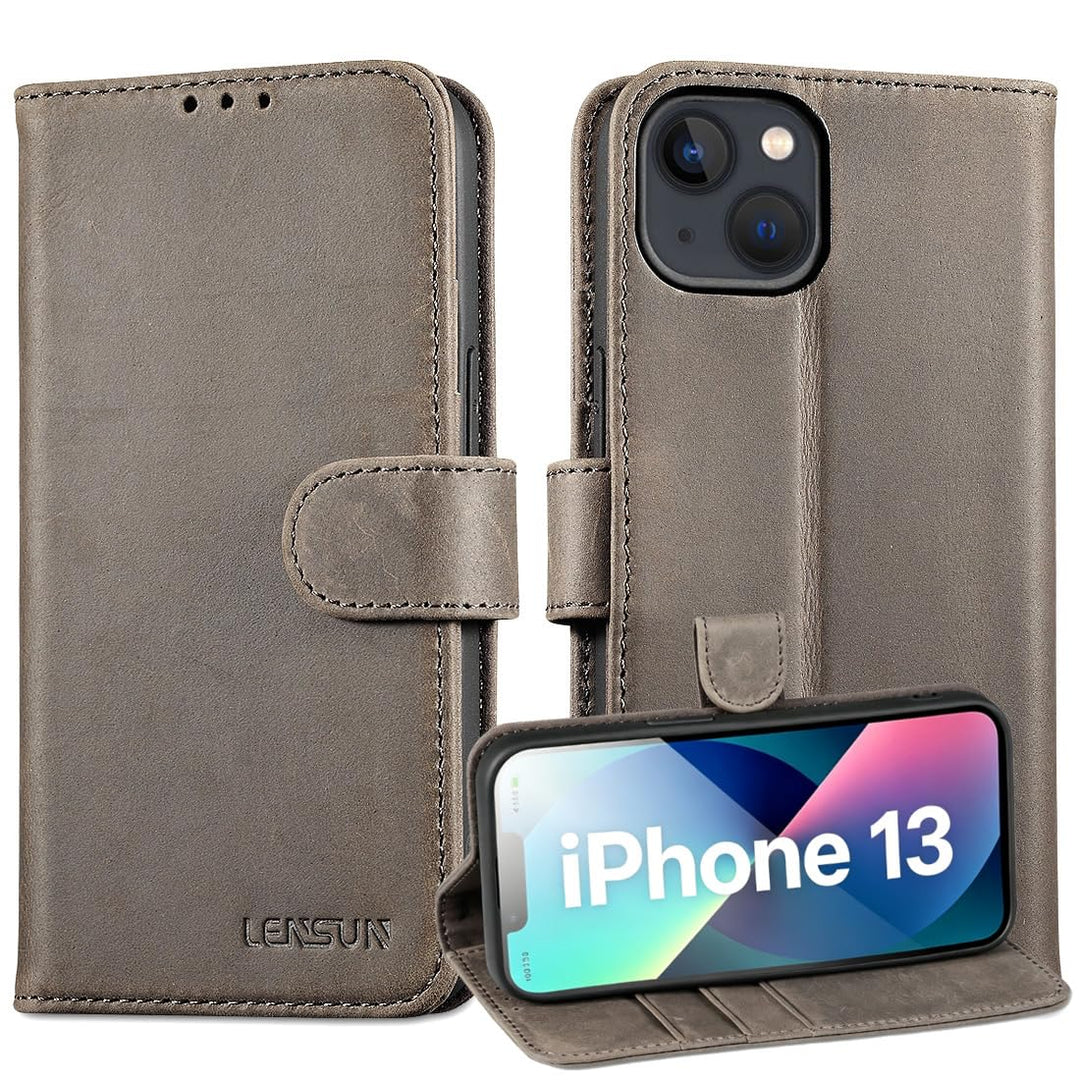 LENSUN Lederhülle für iPhone 13 5G, Handyhülle [Echtes Leder][Bookstyle][RFID Schutz] Echtleder Hüll