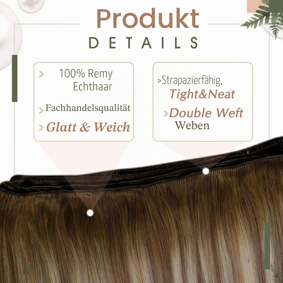 RUNATURE Weave Tressen Echthaar Extensions Balayage Dunkelbraun mit Aschbraun und Mittelblond Ombre