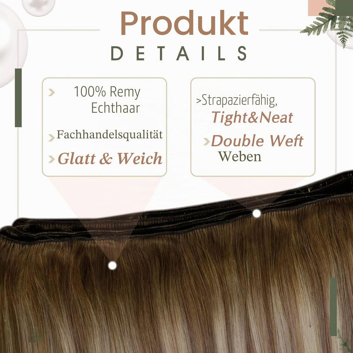 RUNATURE Weave Tressen Echthaar Extensions Balayage Dunkelbraun mit Aschbraun und Mittelblond Ombre