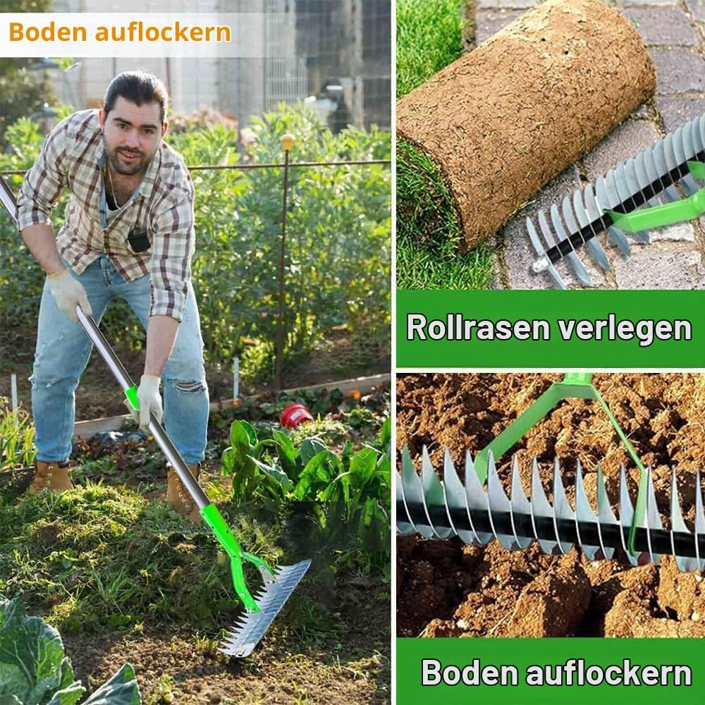 Vertikutierer Rechen mit Stiel 160cm, Schneidrechen Garten, Moosrechen, Vertikutierrechen, Verstellb