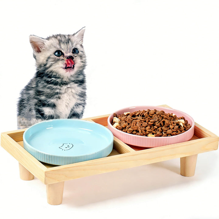 Katzennapf Flach Keramik mit Holzständer, Erhöhte Futterstation mit 2 Keramiknäpfe, Futternapf Katze