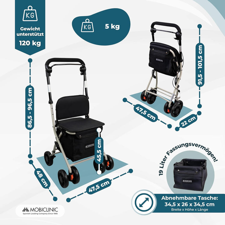 Mobiclinic®, Einkaufswagen mit Sitz, Faltbarer Rollator für Erwachsene, 21 L, Rückenlehne, 4 Räder,