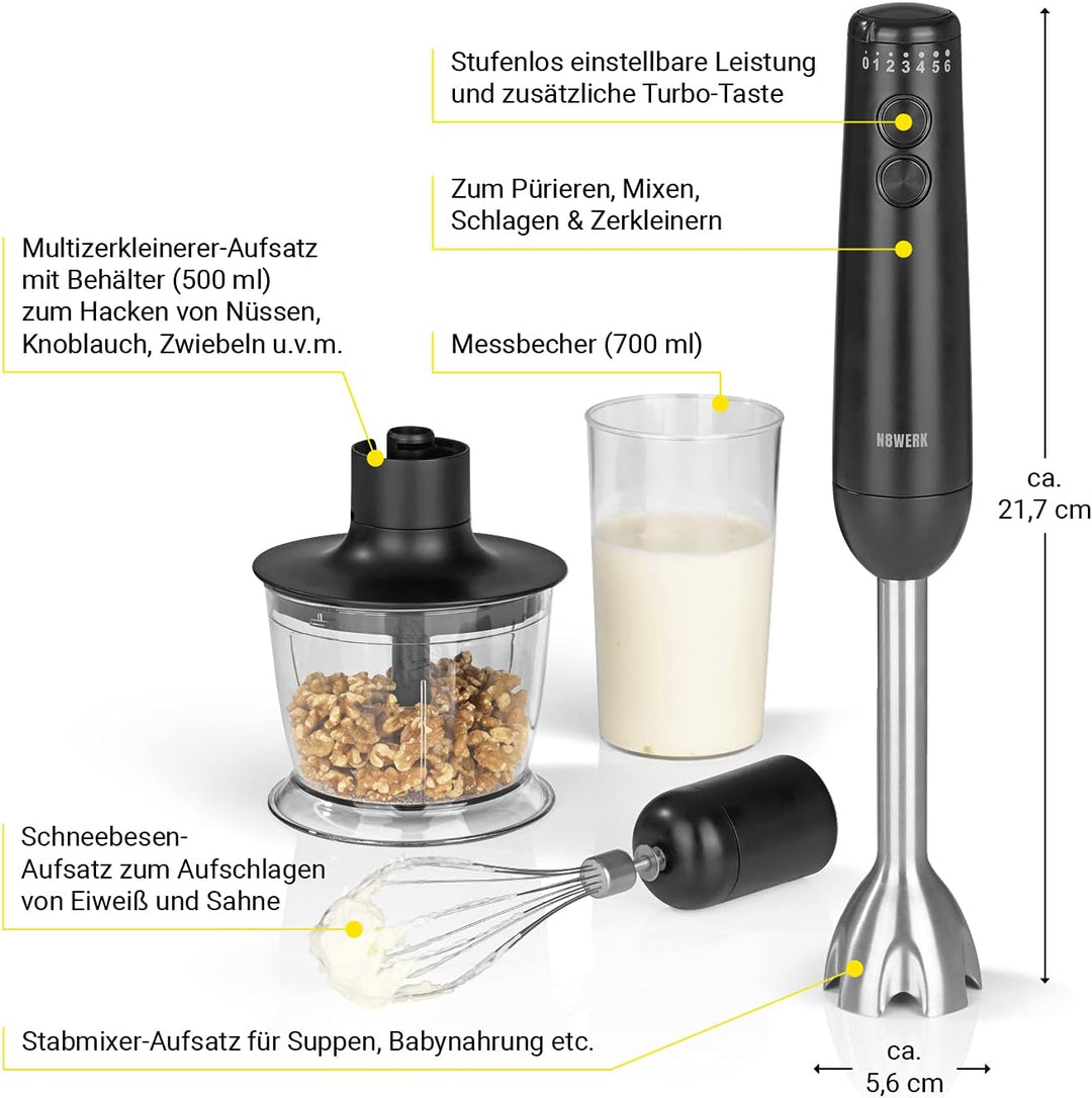 Stabmixer in der Midnight Black Edition | 3 Aufsätze: Pürierstab mit 3-fach Edelstahlklingen, Multiz