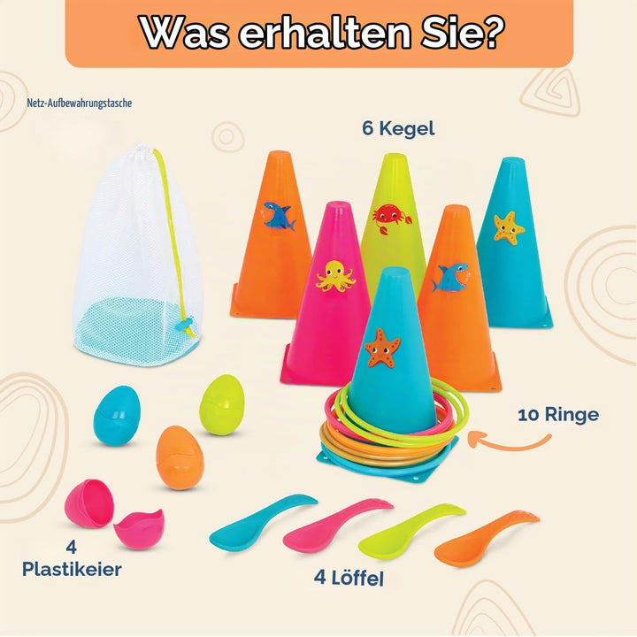 B. toys BX2188Z Wurfspiel, Ringwurfspiel mit Kegeln und Eierlauf Spiel – Garten, Kindergeburtstag, K