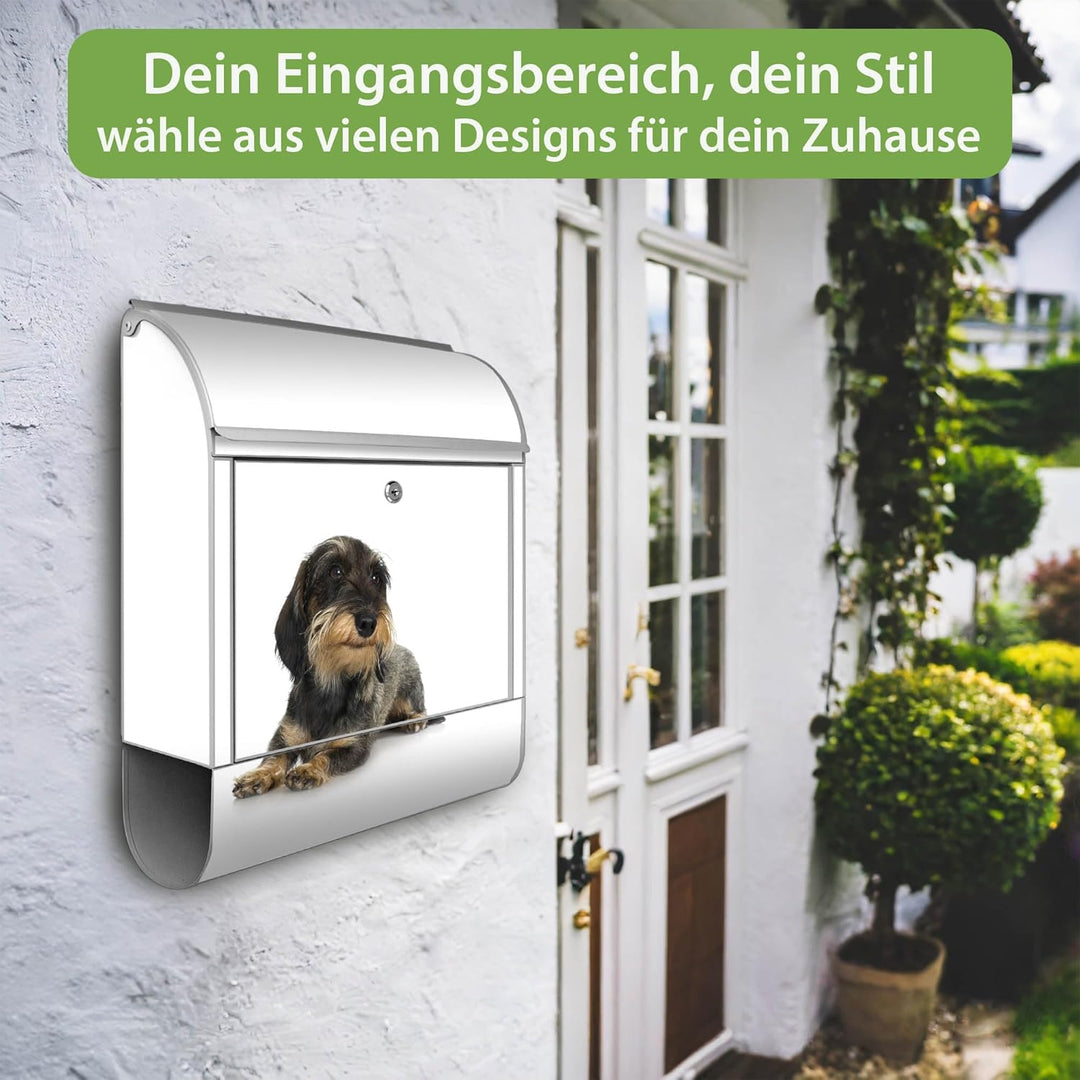 banjado® Design Briefkasten mit Motiv Dackel 39x47x14cm &amp; 2 Schlüssel - Briefkasten Stahl Silber mit