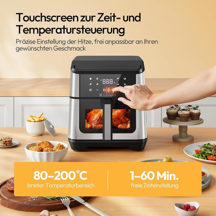 LLIVEKIT Heissluftfritteuse XXL 8,5L mit Doppelheizquelle, Airfryer mit 360° Heissluftzirkulation, 9