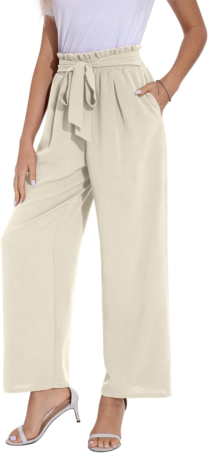 PrinStory Damen Hose Mit Weitem Bein Leichte Elastische Taille Sommer Hose Mit Taschen Kausale Arbei