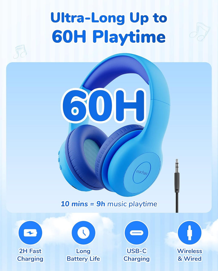 EarFun Bluetooth Kopfhörer Kinder, 74/85/94dB Lautstärkeregelung, HiFi Sound, HD-Mikrofon, 45 Std Ak